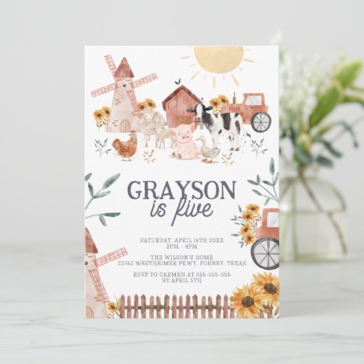 Niedlicher Bauernhof & Kuhdruckfarm Geburtstag Einladung (Stehend Vorderseite)