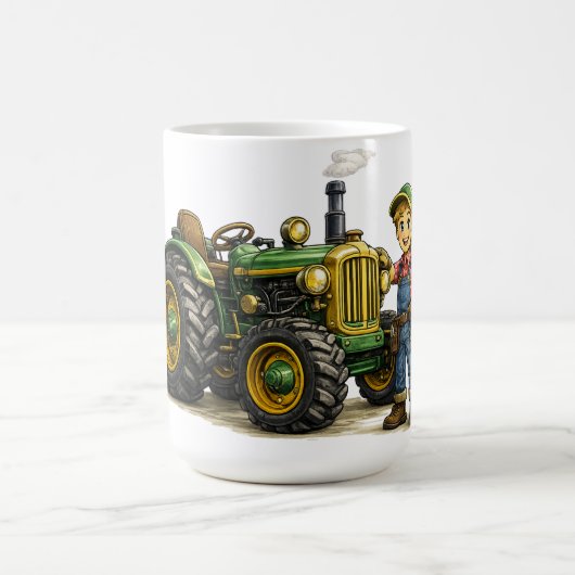 Niedlicher Bauernjunge mit vintage-grünem Traktor Kaffeetasse (Mittel)
