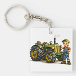 Niedlicher Bauernjunge mit vintage-grünem Traktor  Schlüsselanhänger