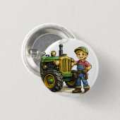 Niedlicher Bauernjunge mit Vintage-Grüntraktor-Kun Button (Vorne & Hinten)