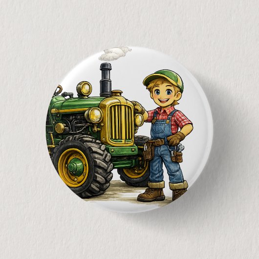 Niedlicher Bauernjunge mit Vintage-Grüntraktor-Kun Button (Vorderseite)