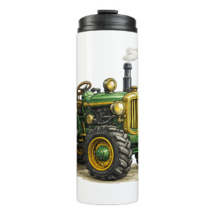 Niedlicher Bauernjunge mit Vintage-Grüntraktor-Kun Thermosbecher