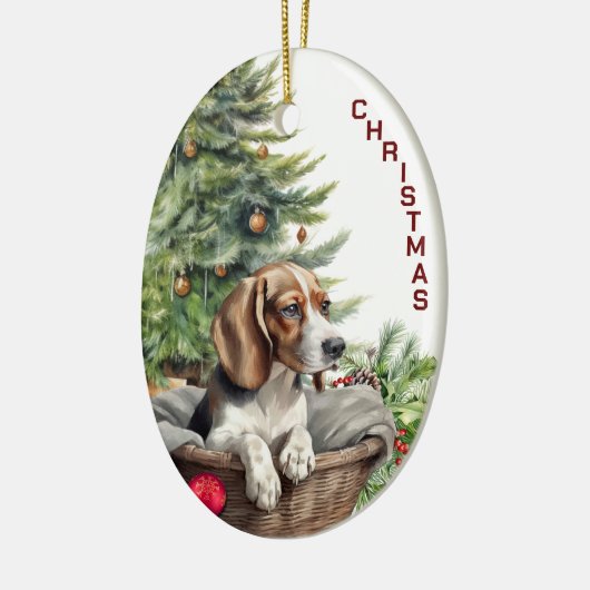 Niedlicher Beagle Dog Wicker Weihnachtskorb Keramik Ornament (Links)