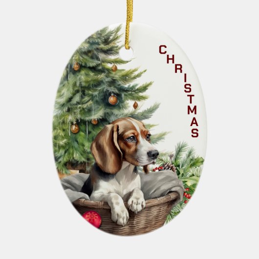 Niedlicher Beagle Dog Wicker Weihnachtskorb Keramik Ornament (Vorne)