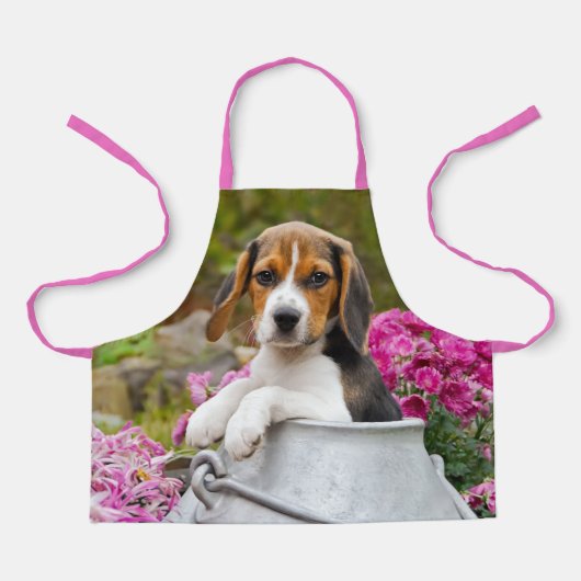 Niedlicher Beagle Hund Welpe in Milk Churn mit Blu Schürze (Vorderseite)