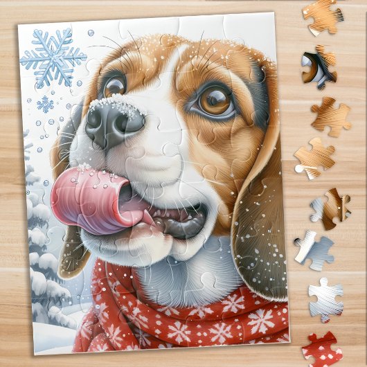 Niedlicher Beagle Hund Winterurlaub Schneeflocken Puzzle