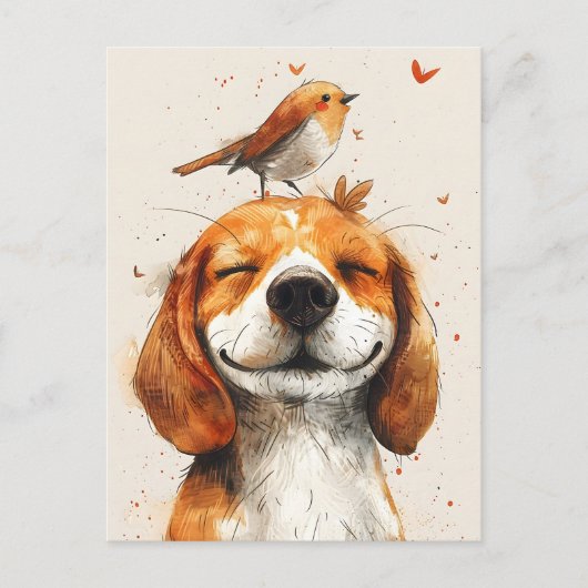 Niedlicher Beagle mit einem Vogel auf dem Kopf bem Postkarte (Vorderseite)