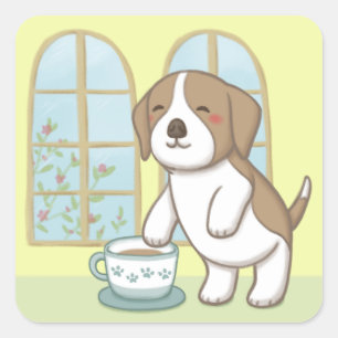 Niedlicher Beagle und Kaffeebecher Quadratischer Aufkleber