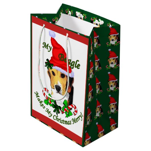 Niedlicher Beagle Weihnachten froh Mittlere Geschenktüte (Rückseite Schrägansicht)