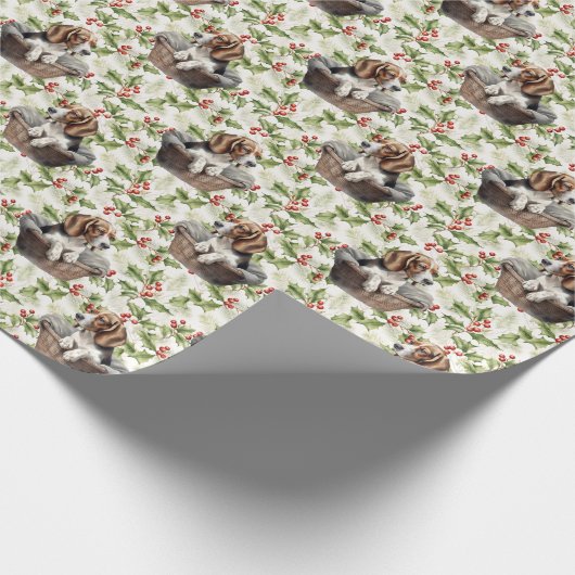 Niedlicher Beagle Welpe in Basket Weihnachten Holl Geschenkpapier (Ecke)