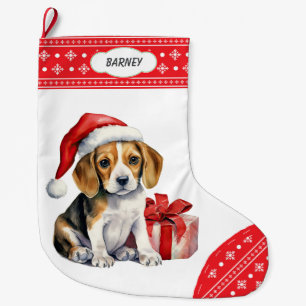 Niedlicher Beagle Welpe Weihnachtsmannmütze Snowfl Großer Weihnachtsstrumpf