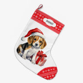 Niedlicher Beagle Welpe Weihnachtsmannmütze Snowfl Großer Weihnachtsstrumpf (Vorderansicht (hängend))