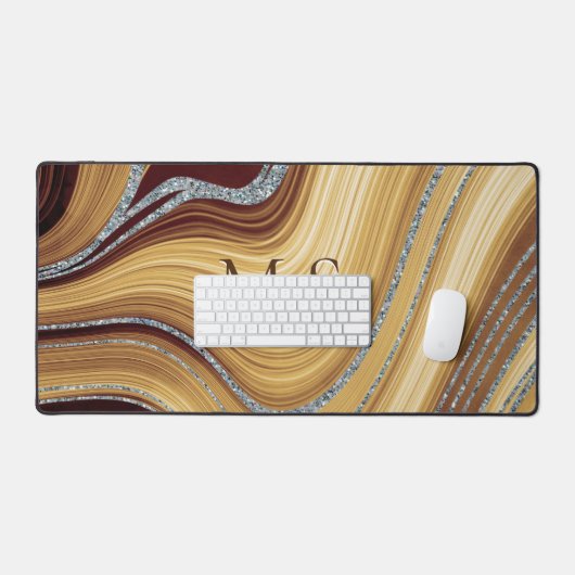 Niedlicher beige-brauner Marmor Glitzer Monogramm Schreibtischunterlage (Tastatur & Maus)