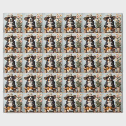 Niedlicher Berner Hund mit Hut und Blume Geschenkpapier (Flach)