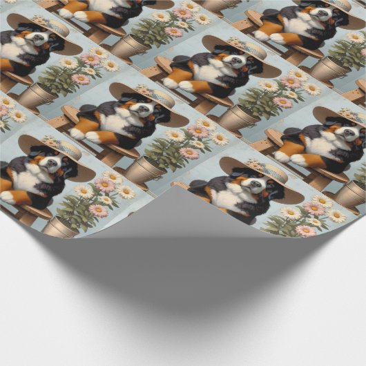 Niedlicher Berner Hund mit Hut und Blume Geschenkpapier (Ecke)