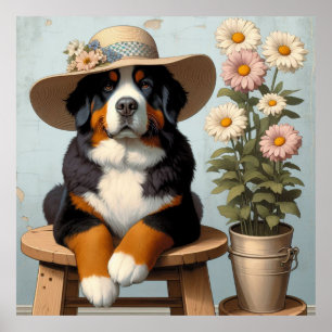 Niedlicher Berner Hund mit Hut und Blume Poster