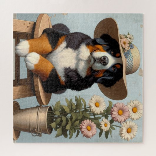 Niedlicher Berner Hund mit Hut und Blume Puzzle (Horizontal)