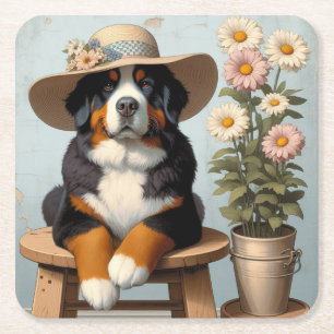 Niedlicher Berner Hund mit Hut und Blume Rechteckiger Pappuntersetzer