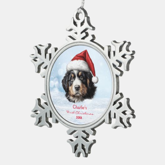 Niedlicher Berner Hund Weihnachtsmannmütze Paw Cus Schneeflocken Zinn-Ornament (Rechts)