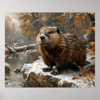 Niedlicher Biber während der Winterölmalerei Poster