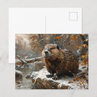 Niedlicher Biber während der Winterölmalerei Postkarte