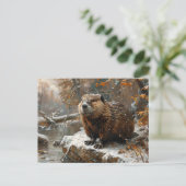 Niedlicher Biber während der Winterölmalerei Postkarte (Stehend Vorderseite)