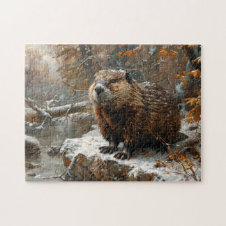 Niedlicher Biber während der Winterölmalerei Puzzle