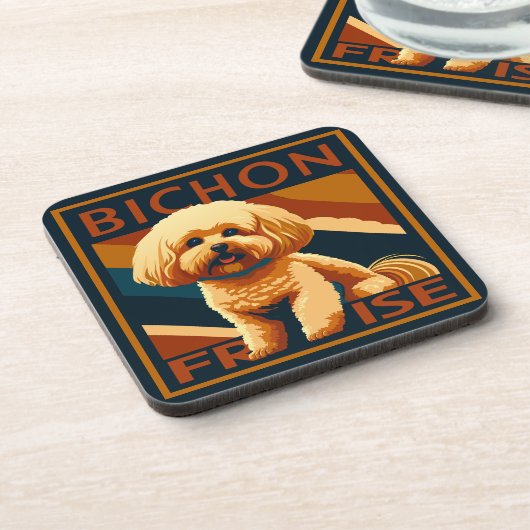 Niedlicher Bichon Frise Puppy Doster Retro Poster  Getränkeuntersetzer (Linke Seite)