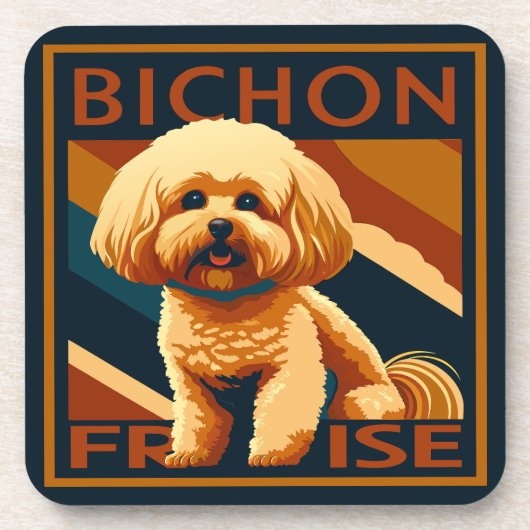 Niedlicher Bichon Frise Puppy Doster Retro Poster Getränkeuntersetzer (Vorderseite)