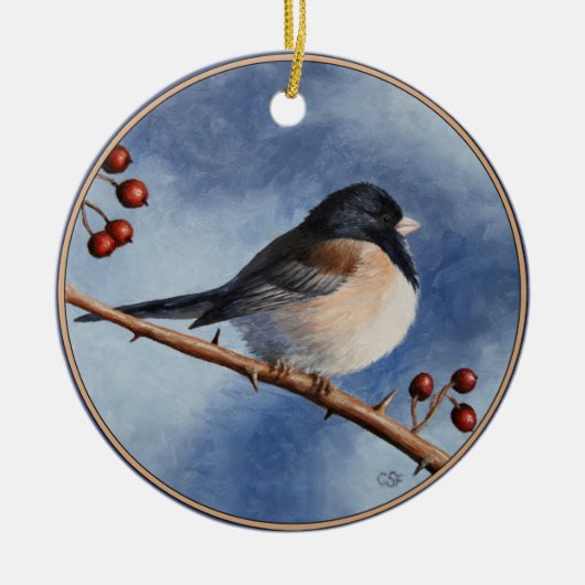 Niedlicher Bird Oregon Junco und Winterberries Keramik Ornament (Vorne)