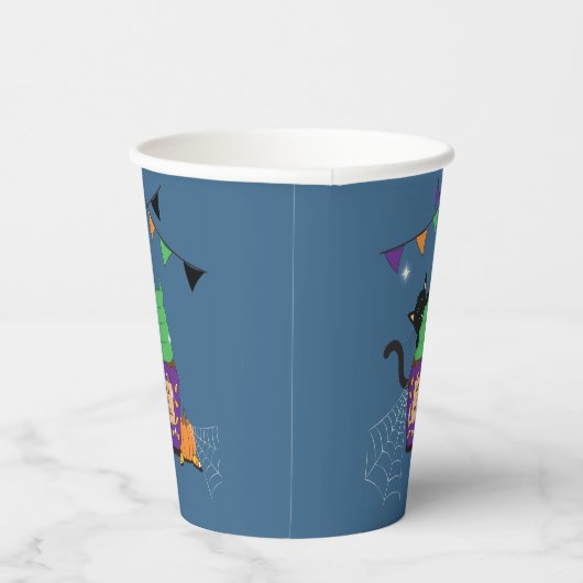 Niedlicher Black Cat Halloween Blue Paper Cup Pappbecher (Rechts)