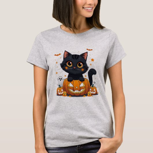 Niedlicher Black Cat Halloween T - Shirt | Kawaii (Vorderseite)