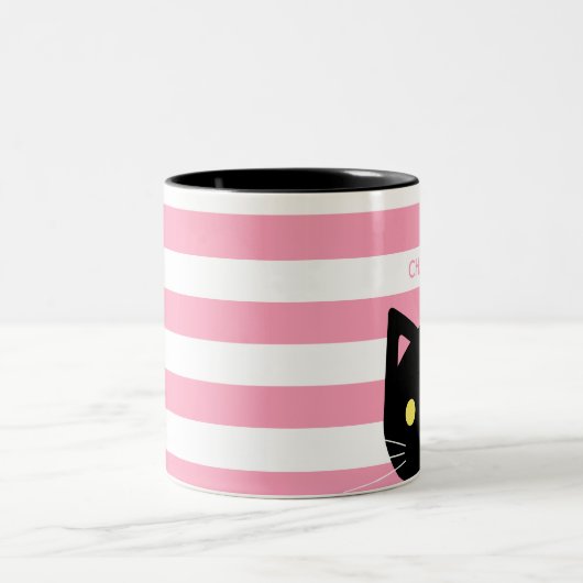 Niedlicher Black Cat Individuelle Name & Initial Zweifarbige Tasse (Mittel)