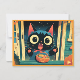 Niedlicher Black Cat Trick oder Treat Halloween Postkarte