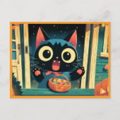 Niedlicher Black Cat Trick oder Treat Halloween Postkarte (Vorderseite)