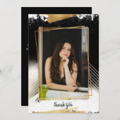 Niedlicher Black & Gold Gerahmter Abschluss Danke Einladung (Vorne/Hinten)