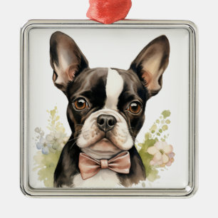 NIEDLICHER BLACK & WHITE BOSTON TERRIER HUND ORNAMENT AUS METALL