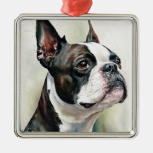 NIEDLICHER BLACK & WHITE BOSTON TERRIER HUND ORNAMENT AUS METALL
