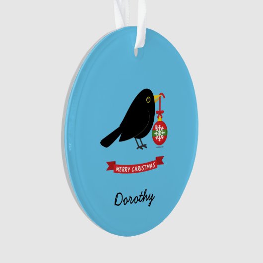 Niedlicher Blackbird mit einem Weihnachtsball-Indi Ornament (Vorderseite)