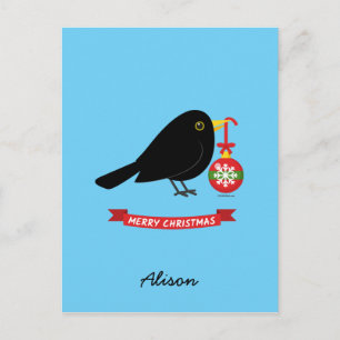 Niedlicher Blackbird mit einem Weihnachtsball-Indi Postkarte