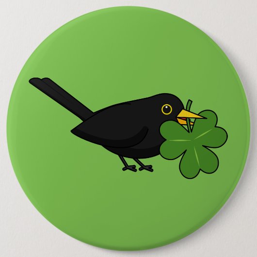 Niedlicher Blackbird mit Kleeblatt Clou Cartoon Button (Vorderseite)