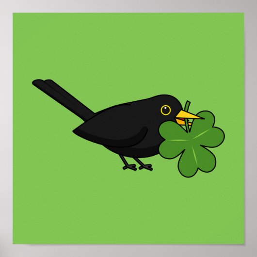 Niedlicher Blackbird mit Kleeblatt Clou Cartoon Poster (Vorne)