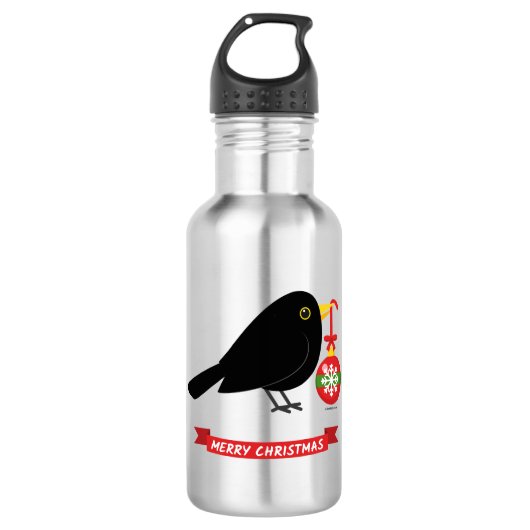 Niedlicher Blackbird mit Weihnachtsball Edelstahlflasche (Vorderseite)
