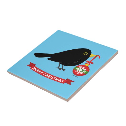 Niedlicher Blackbird mit Weihnachtsball Fliese (Seite)