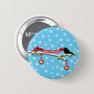 Niedlicher Blackbird und Kardinal auf Zweigniederl Button