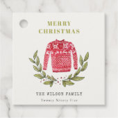 Niedlicher Blattrot Grün Ugly Sweater Weihnachten Geschenkanhänger (Vorderseite)