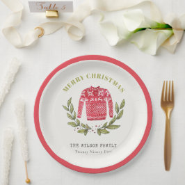 Niedlicher Blattrot Grün Ugly Sweater Weihnachten  Pappteller