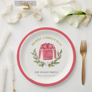 Niedlicher Blattrot Grün Ugly Sweater Weihnachten  Pappteller