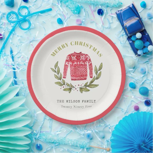 Niedlicher Blattrot Grün Ugly Sweater Weihnachten Pappteller (Party)