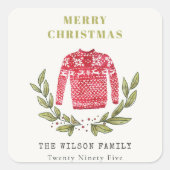 Niedlicher Blattrot Grün Ugly Sweater Weihnachten Quadratischer Aufkleber (Vorderseite)